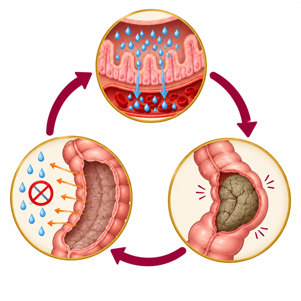 Illustration of the cycle of moisture loss and hard, dry stool