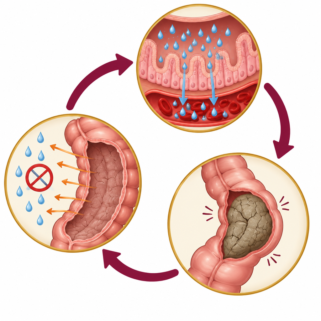 Illustration of the cycle of moisture loss and hard, dry stool